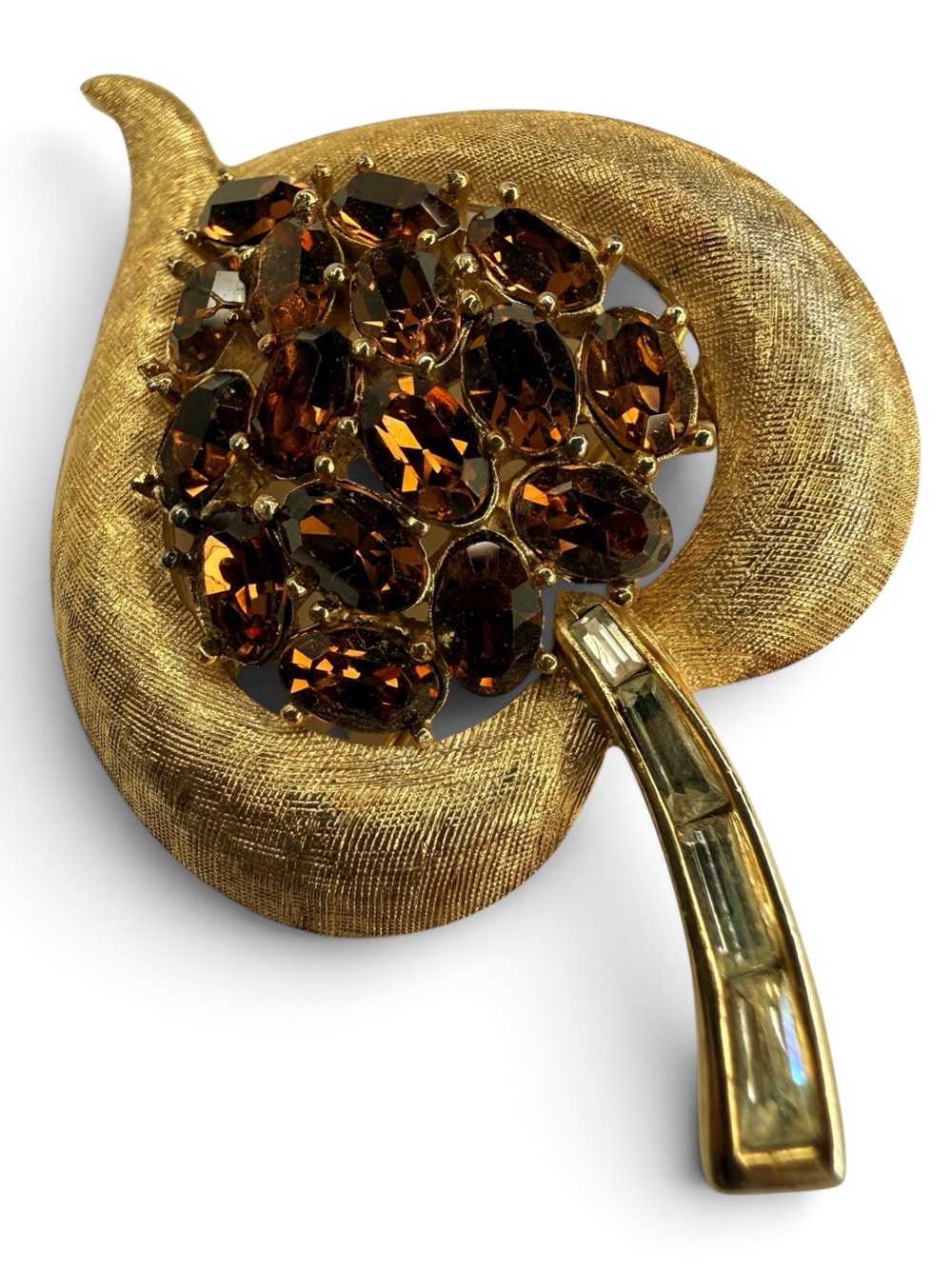 Vintage Crown Trifari Gold Leaf Brooch With Amber Rhinestones